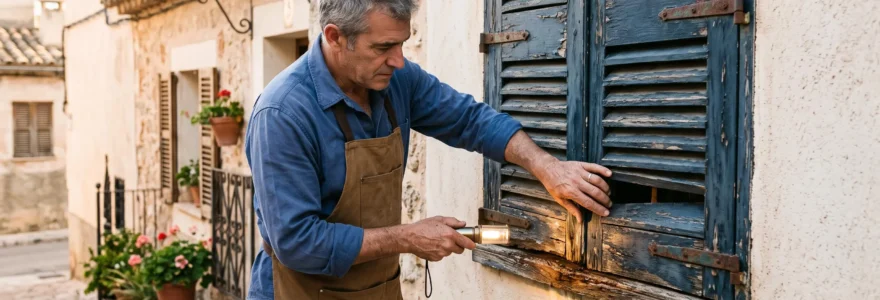 Un hombre inspecciona una contraventana de madera en la fachada de una casa.