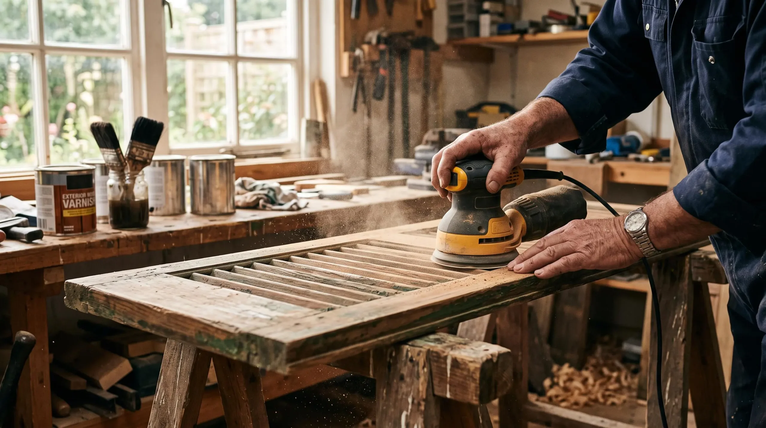 Manos lijando una contraventana de madera antes de aplicar barniz protector.